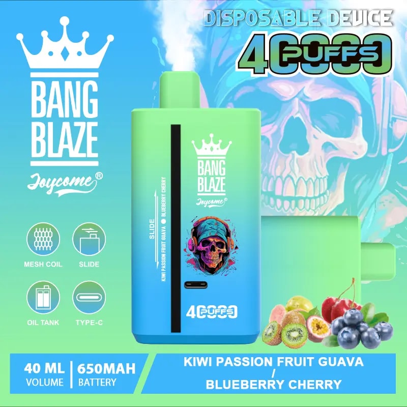 Bang Blaze 40000 Puffs Vape offers dual flavors, 40mL e-liquid, and a 650mAh battery—perfect for long-lasting, flavorful vaping with smooth dual mesh coil performance.