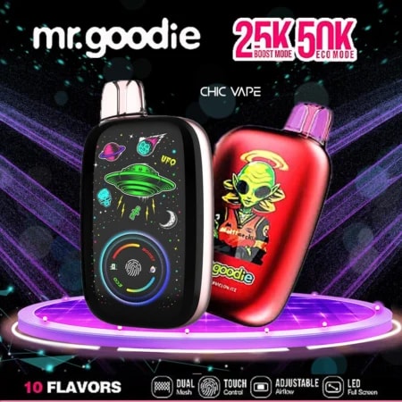 Mr.Goodie Dual Mode King 50000 Puffs Vape erbjuder dubbla lägen, pekkontroll, 1000mAh batteri, 40 ml kapacitet, dubbel mesh-spole och 10 fylliga smaker – perfekt för smidig, kraftfull och anpassningsbar vaping när som helst, var som helst.