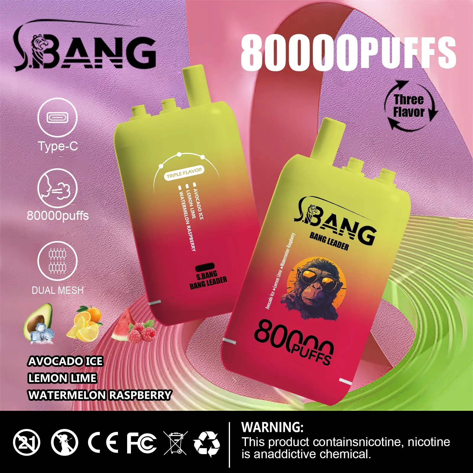 Bang Leader 80K Puffs Vape erbjuder tre omkopplingsbara smaker, upp till 80 000 puffs, dubbel mesh-spole, typ-C-laddning och 12 smakalternativ – perfekt för långvariga, smakrika vapingsessioner.