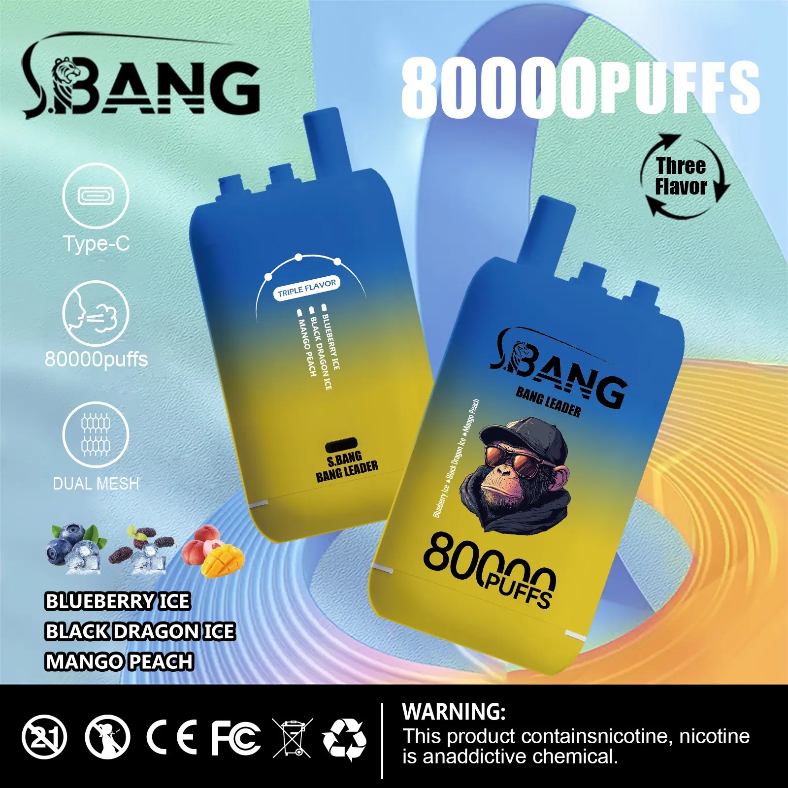 Bang Leader 80K Puffs Vape erbjuder tre omkopplingsbara smaker, upp till 80 000 puffs, dubbel mesh-spole, typ-C-laddning och 12 smakalternativ – perfekt för långvariga, smakrika vapingsessioner.