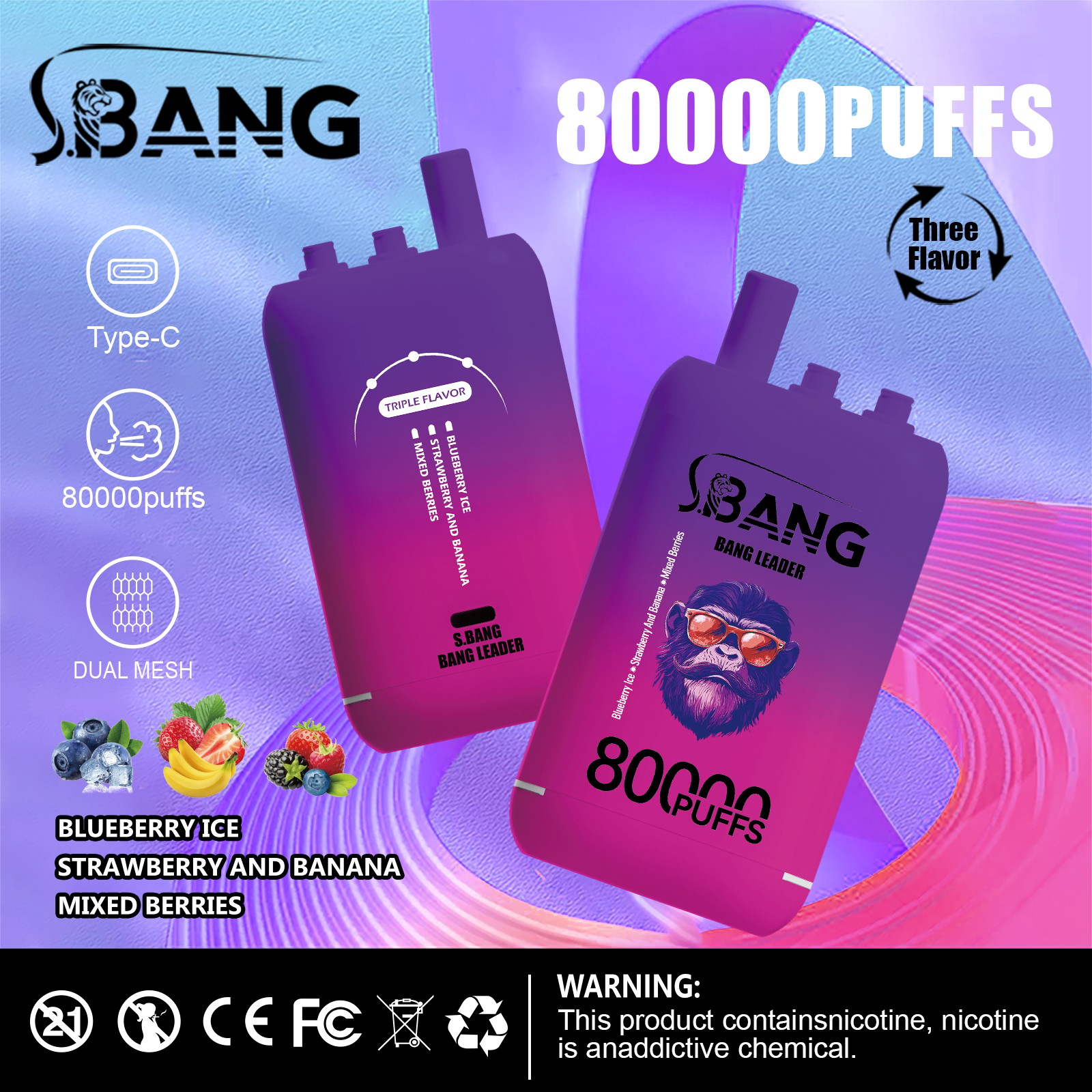 Bang Leader 80K Puffs Vape erbjuder tre omkopplingsbara smaker, upp till 80 000 puffs, dubbel mesh-spole, typ-C-laddning och 12 smakalternativ – perfekt för långvariga, smakrika vapingsessioner.