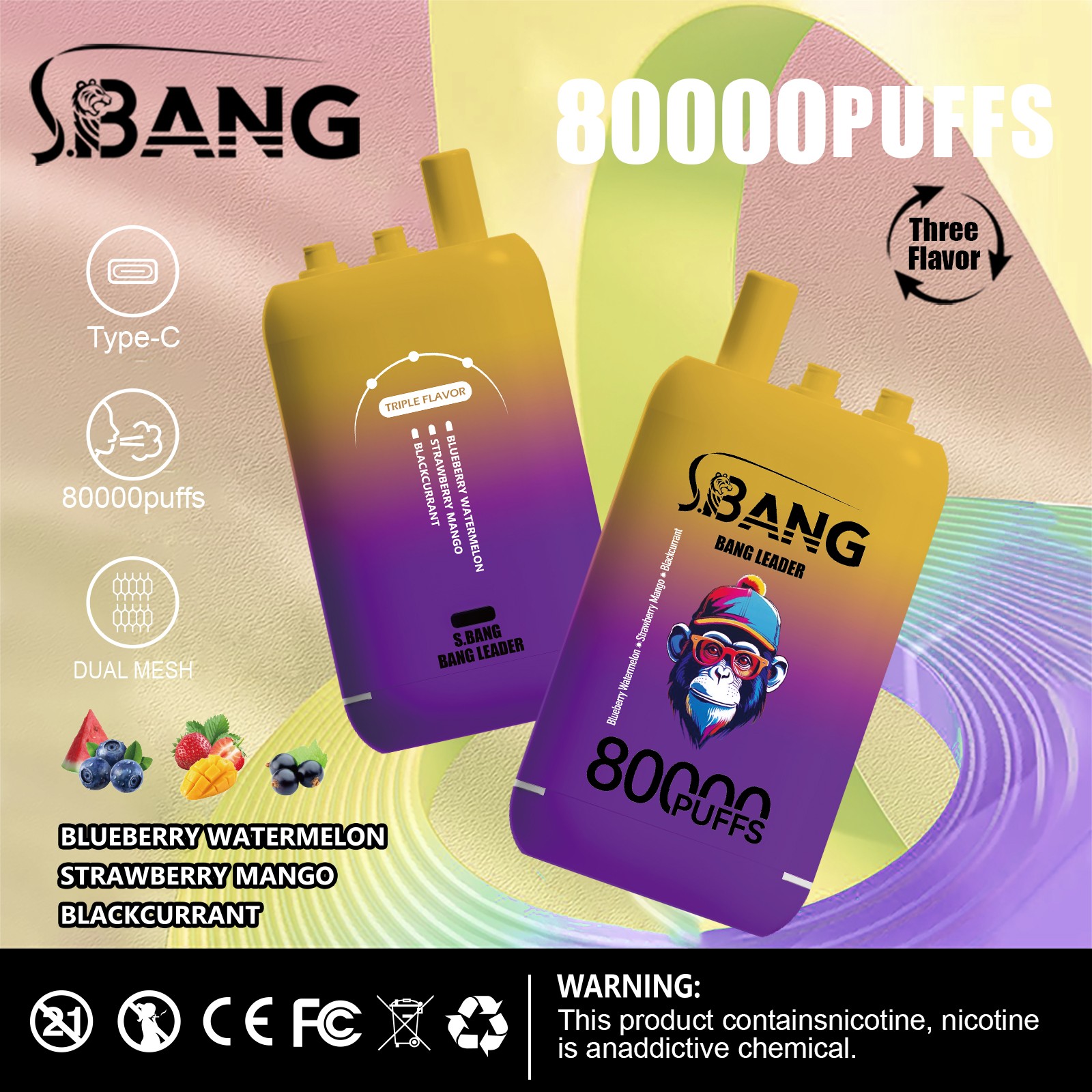 Bang Leader 80K Puffs Vape erbjuder tre omkopplingsbara smaker, upp till 80 000 puffs, dubbel mesh-spole, typ-C-laddning och 12 smakalternativ – perfekt för långvariga, smakrika vapingsessioner.
