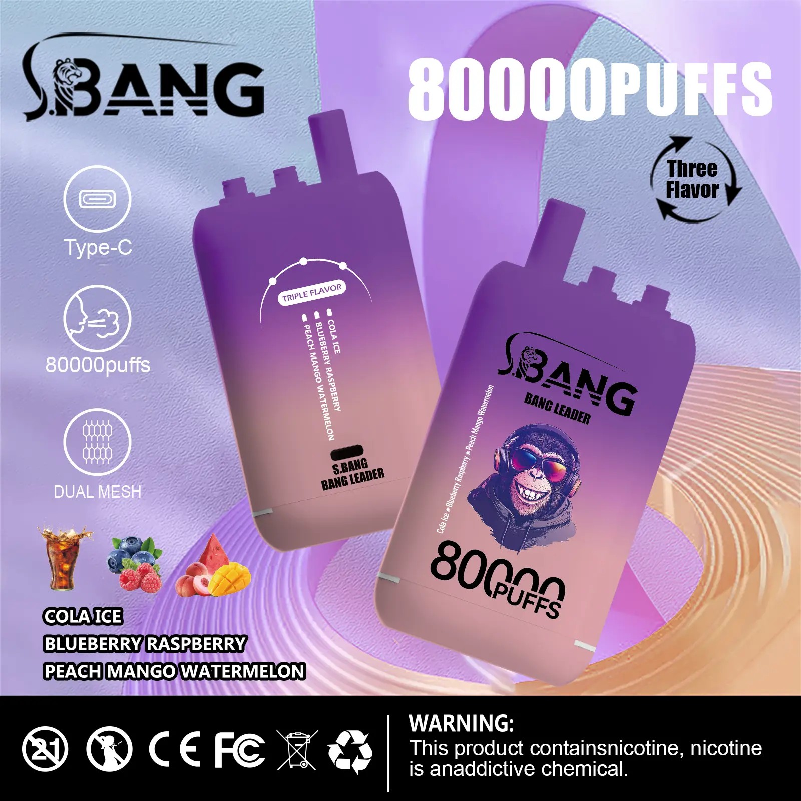 Bang Leader 80K Puffs Vape erbjuder tre omkopplingsbara smaker, upp till 80 000 puffs, dubbel mesh-spole, typ-C-laddning och 12 smakalternativ – perfekt för långvariga, smakrika vapingsessioner.