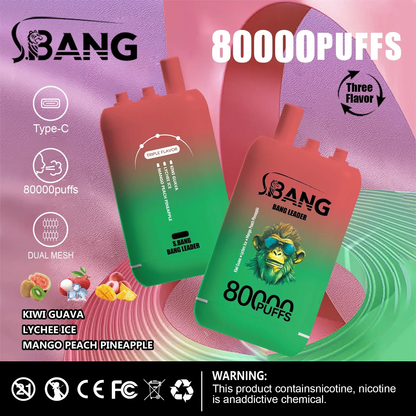 Bang Leader 80K Puffs Vape erbjuder tre omkopplingsbara smaker, upp till 80 000 puffs, dubbel mesh-spole, typ-C-laddning och 12 smakalternativ – perfekt för långvariga, smakrika vapingsessioner.