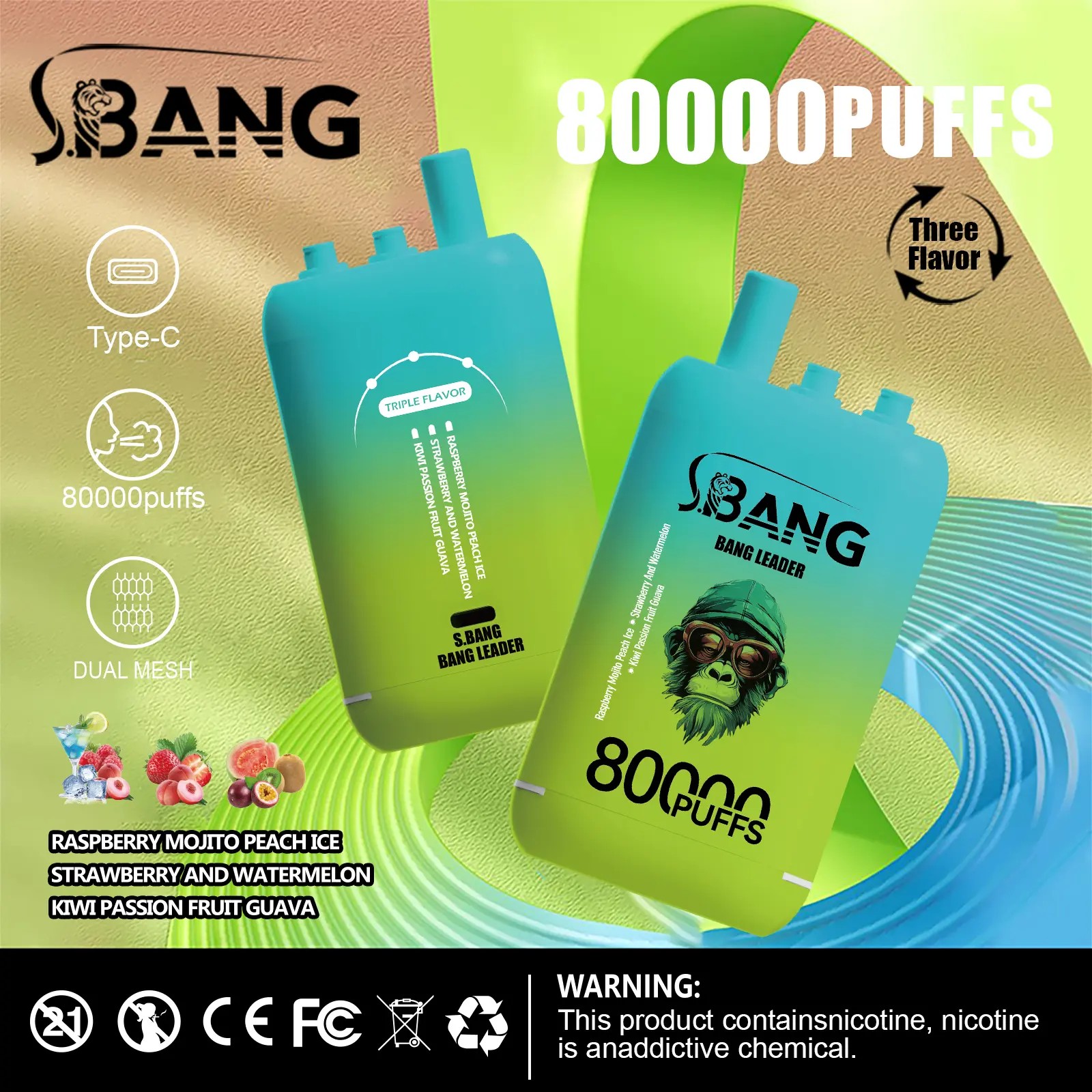 Bang Leader 80K Puffs Vape erbjuder tre omkopplingsbara smaker, upp till 80 000 puffs, dubbel mesh-spole, typ-C-laddning och 12 smakalternativ – perfekt för långvariga, smakrika vapingsessioner.
