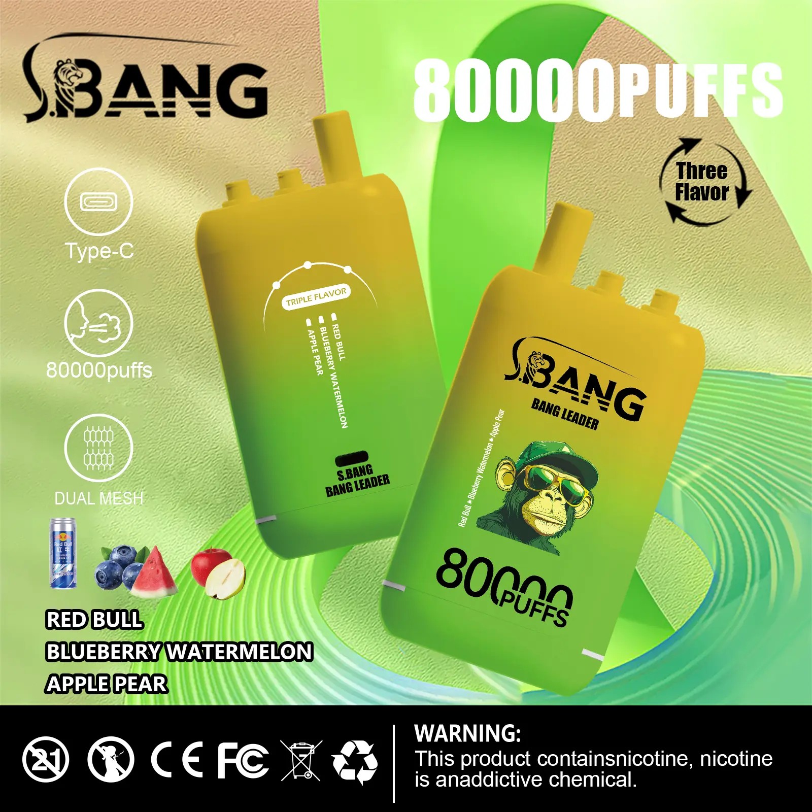 Bang Leader 80K Puffs Vape erbjuder tre omkopplingsbara smaker, upp till 80 000 puffs, dubbel mesh-spole, typ-C-laddning och 12 smakalternativ – perfekt för långvariga, smakrika vapingsessioner.