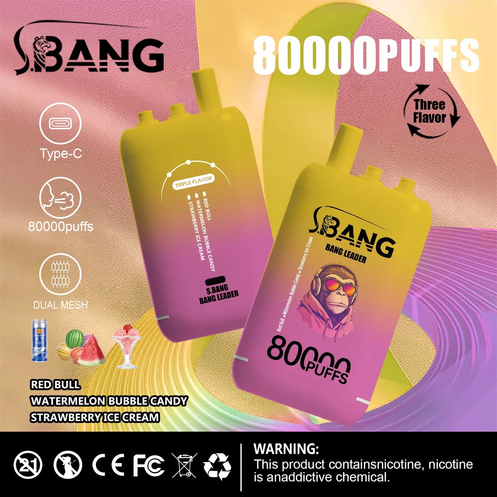 Bang Leader 80K Puffs Vape erbjuder tre omkopplingsbara smaker, upp till 80 000 puffs, dubbel mesh-spole, typ-C-laddning och 12 smakalternativ – perfekt för långvariga, smakrika vapingsessioner.