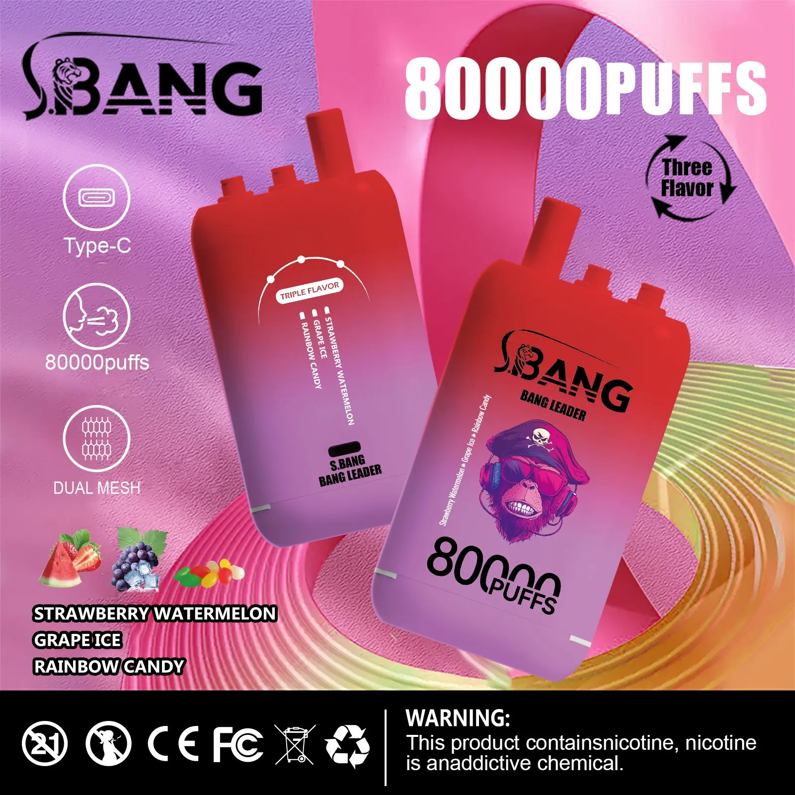 Bang Leader 80K Puffs Vape erbjuder tre omkopplingsbara smaker, upp till 80 000 puffs, dubbel mesh-spole, typ-C-laddning och 12 smakalternativ – perfekt för långvariga, smakrika vapingsessioner.