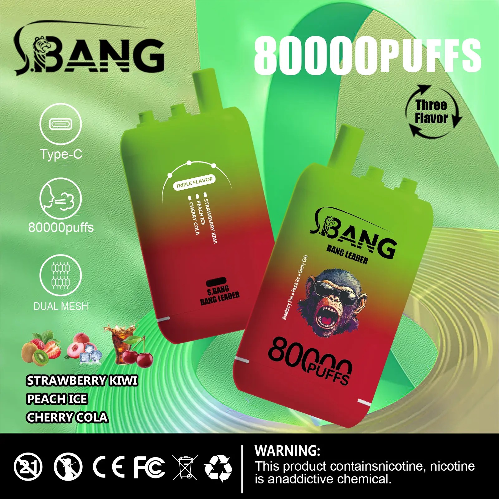 Bang Leader 80K Puffs Vape erbjuder tre omkopplingsbara smaker, upp till 80 000 puffs, dubbel mesh-spole, typ-C-laddning och 12 smakalternativ – perfekt för långvariga, smakrika vapingsessioner.