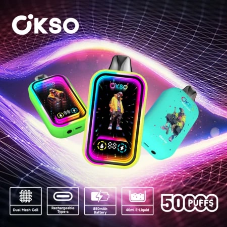 OKSO Magic Mirror 50K puffs Vape erbjuder 50 000 puffs, dubbel mesh-coil, RGB-lampor, LED-skärm, barnlås och 10 smaker i en snygg, laddningsbar design med Type-C-laddning.