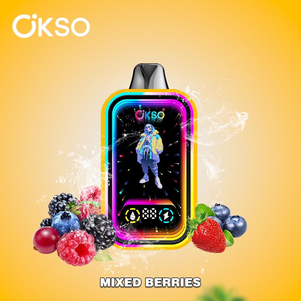 The OKSO Magic Mirror 50K puffs Vape offers 50,000 puffs, dual mesh coil, RGB lights, LED screen, child lock, and 10 flavors in a stylish, rechargeable design with Type-C charging.