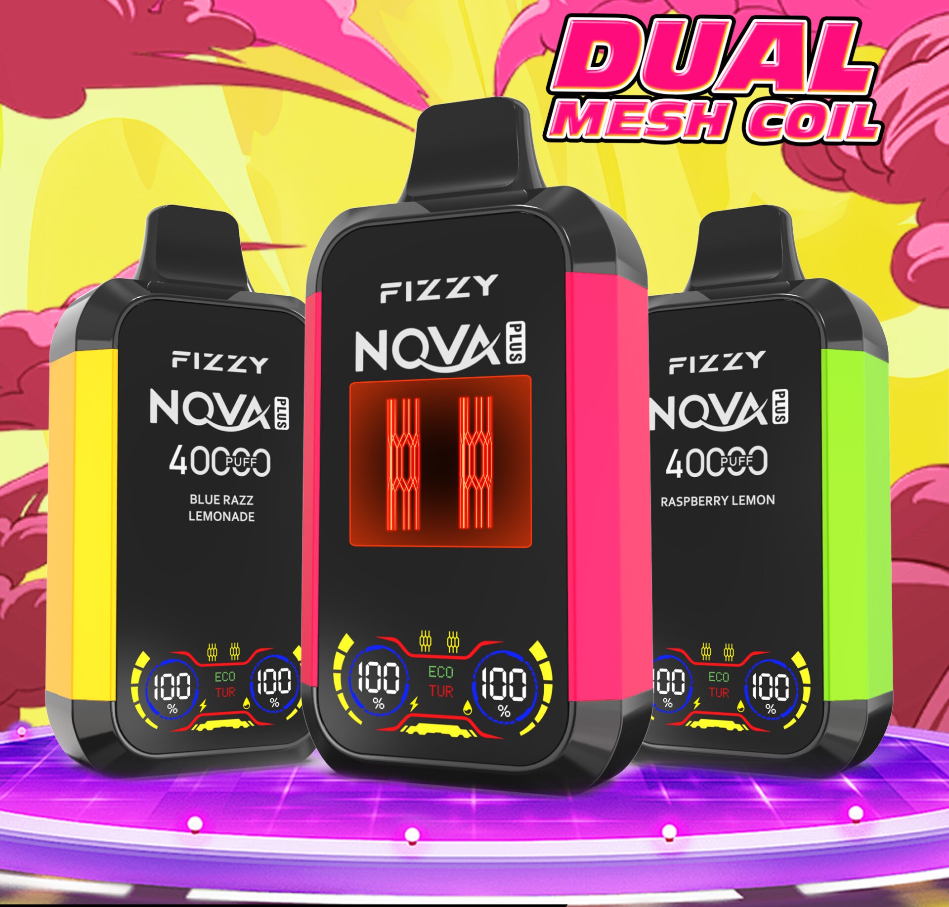 Fizzy Nova Plus 40000 Puffs Vape delivers up to 40,000 puffs with 2% or 5% nicotine, 40mL e-liquid, dual mesh coils, Eco/Turbo modes, LCD screen, and Type-C charging—perfect for powerful, long-lasting, and flavorful vaping.