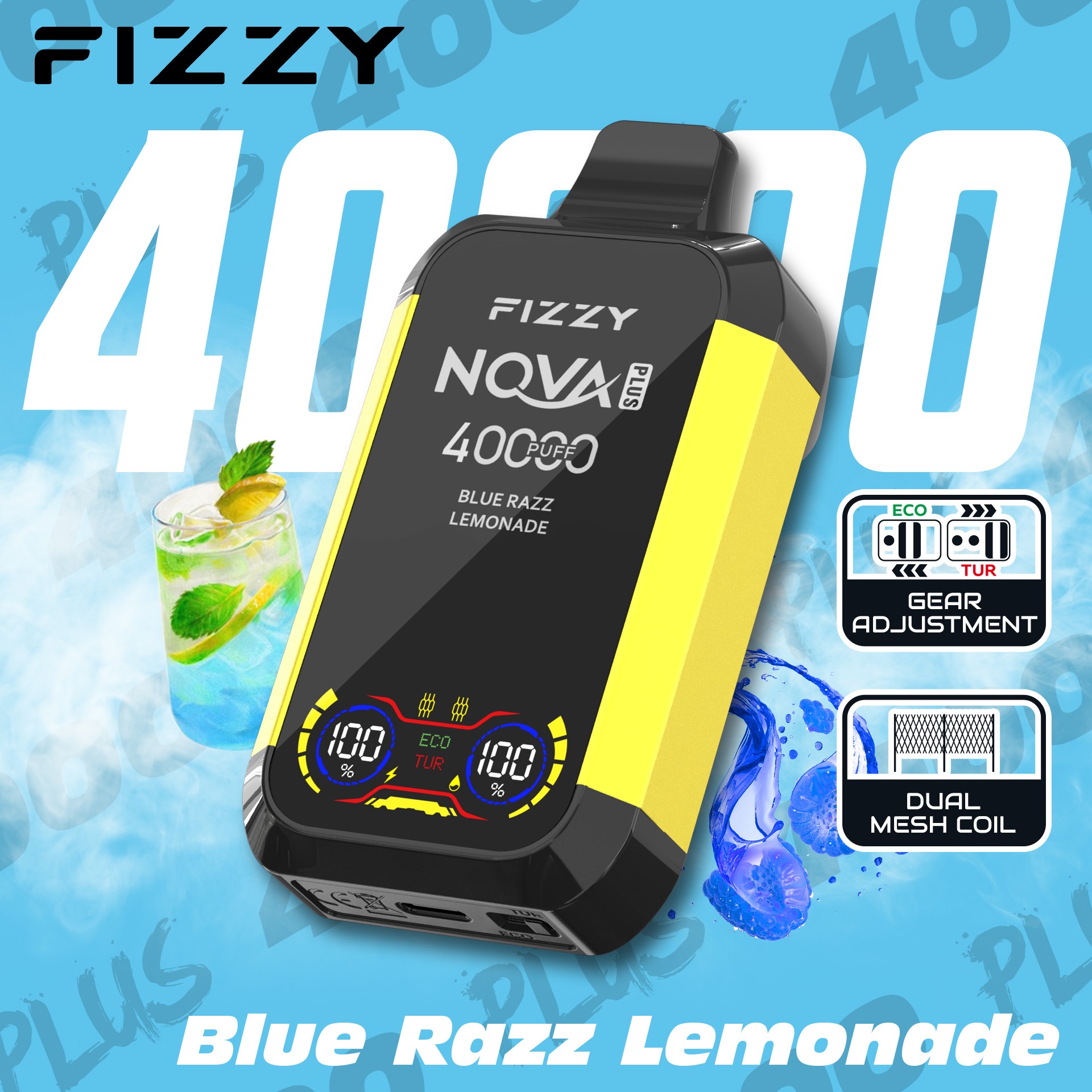 Fizzy Nova Plus 40000 パフ VAPE は、2% または 5% ニコチン、40 mL のリキッド、デュアル メッシュ コイル、エコ/ターボ モード、LCD スクリーン、Type-C 充電で最大 40,000 パフを実現し、パワフルで長時間持続する風味豊かな VAPE に最適です。.