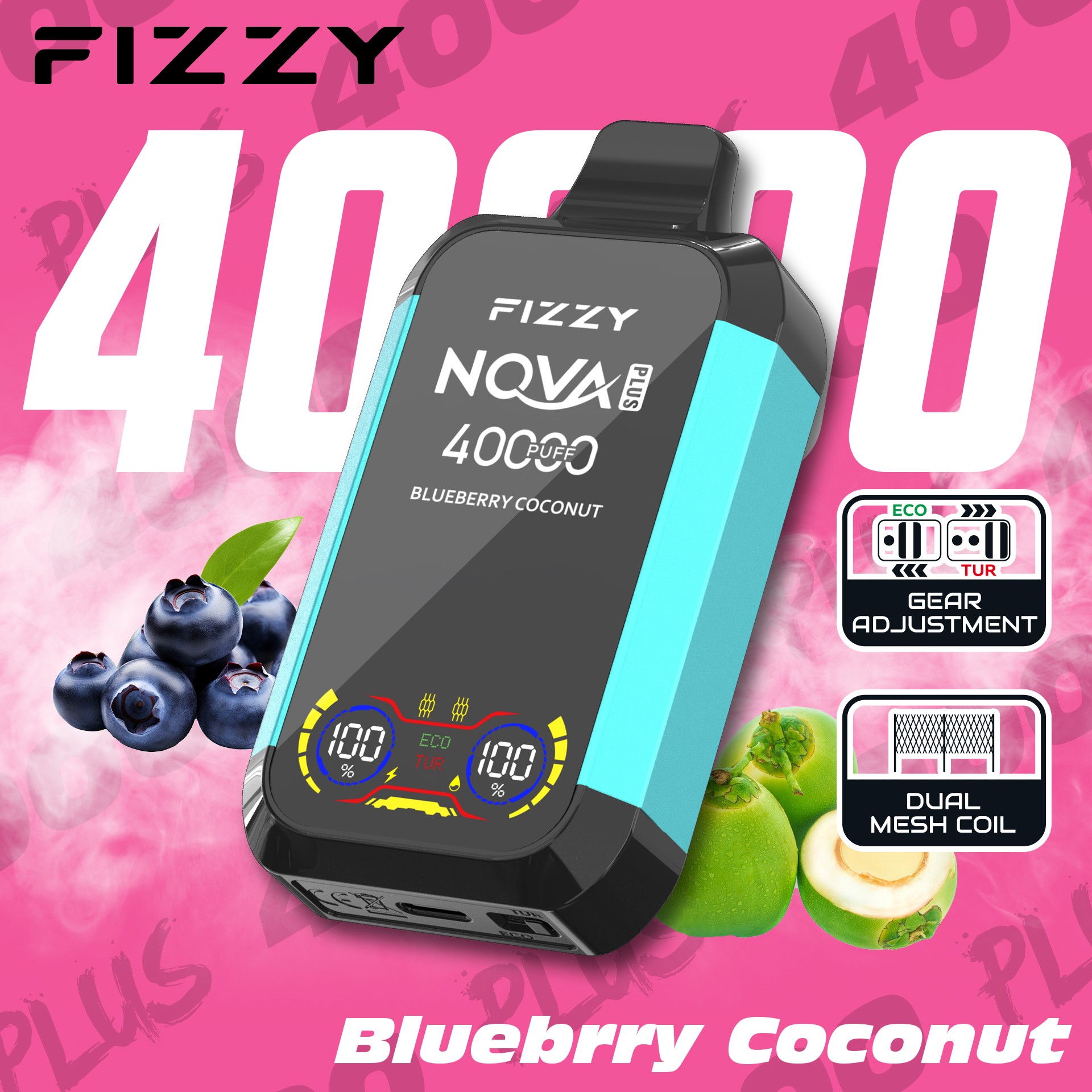 Fizzy Nova Plus 40000 パフ VAPE は、2% または 5% ニコチン、40 mL のリキッド、デュアル メッシュ コイル、エコ/ターボ モード、LCD スクリーン、Type-C 充電で最大 40,000 パフを実現し、パワフルで長時間持続する風味豊かな VAPE に最適です。.