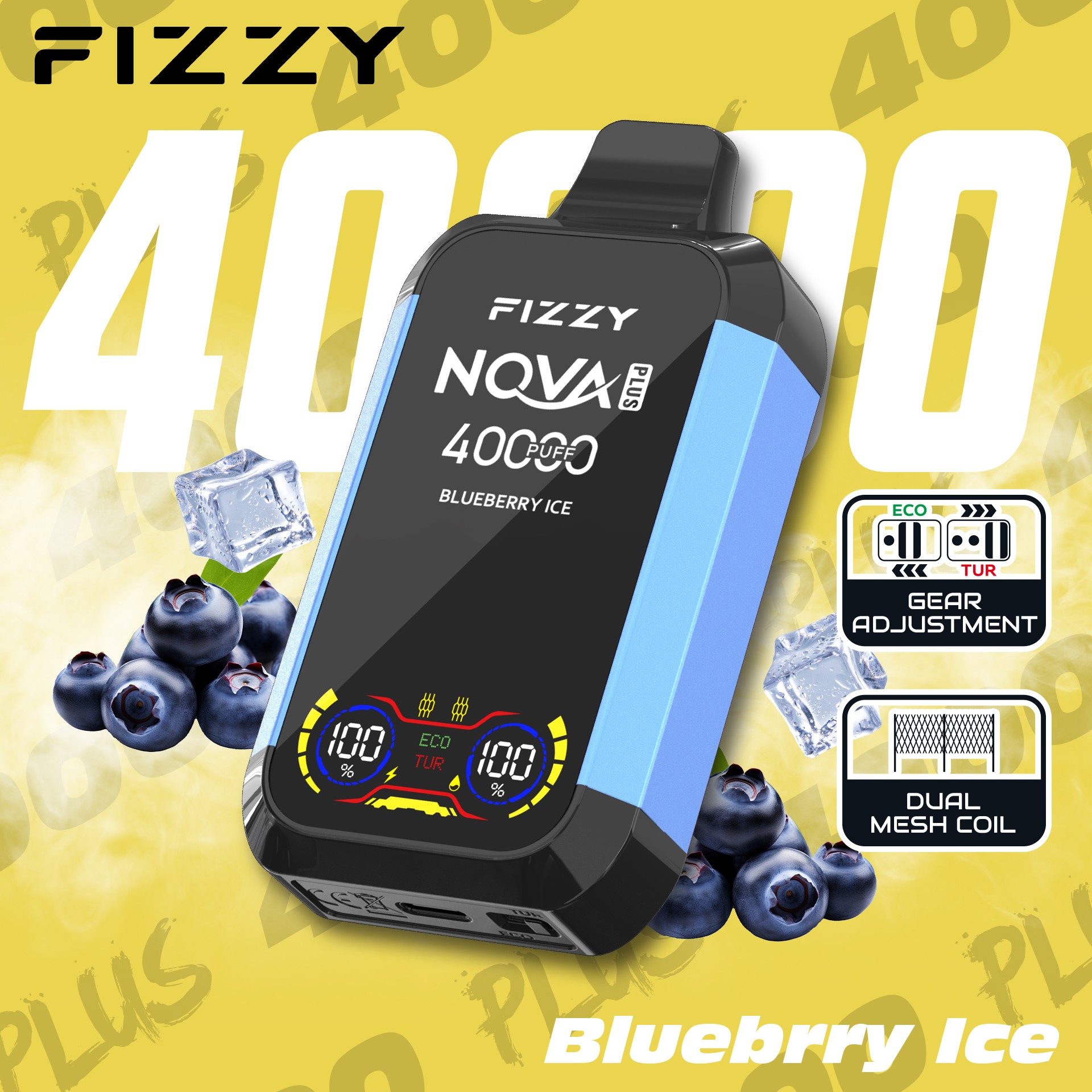 Fizzy Nova Plus 40000 パフ VAPE は、2% または 5% ニコチン、40 mL のリキッド、デュアル メッシュ コイル、エコ/ターボ モード、LCD スクリーン、Type-C 充電で最大 40,000 パフを実現し、パワフルで長時間持続する風味豊かな VAPE に最適です。.