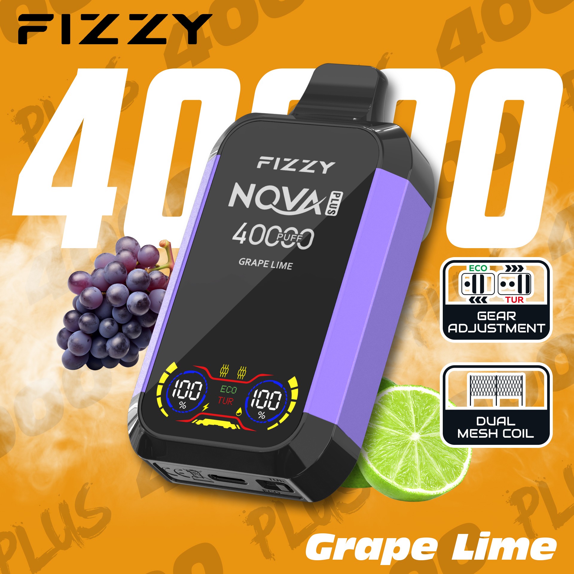 Fizzy Nova Plus 40000 パフ VAPE は、2% または 5% ニコチン、40 mL のリキッド、デュアル メッシュ コイル、エコ/ターボ モード、LCD スクリーン、Type-C 充電で最大 40,000 パフを実現し、パワフルで長時間持続する風味豊かな VAPE に最適です。.