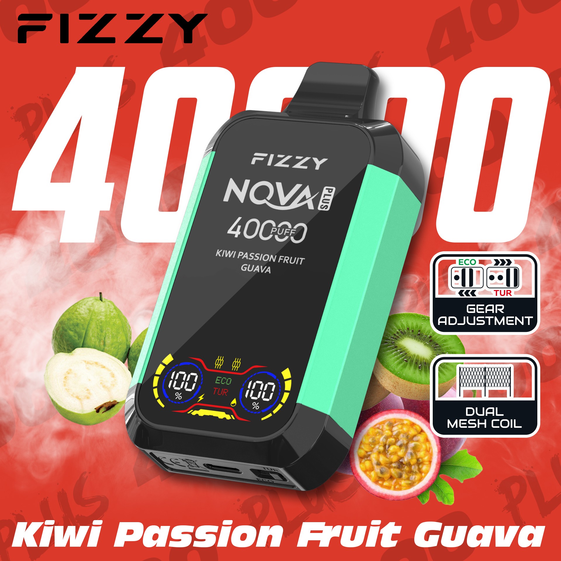 Fizzy Nova Plus 40000 パフ VAPE は、2% または 5% ニコチン、40 mL のリキッド、デュアル メッシュ コイル、エコ/ターボ モード、LCD スクリーン、Type-C 充電で最大 40,000 パフを実現し、パワフルで長時間持続する風味豊かな VAPE に最適です。.
