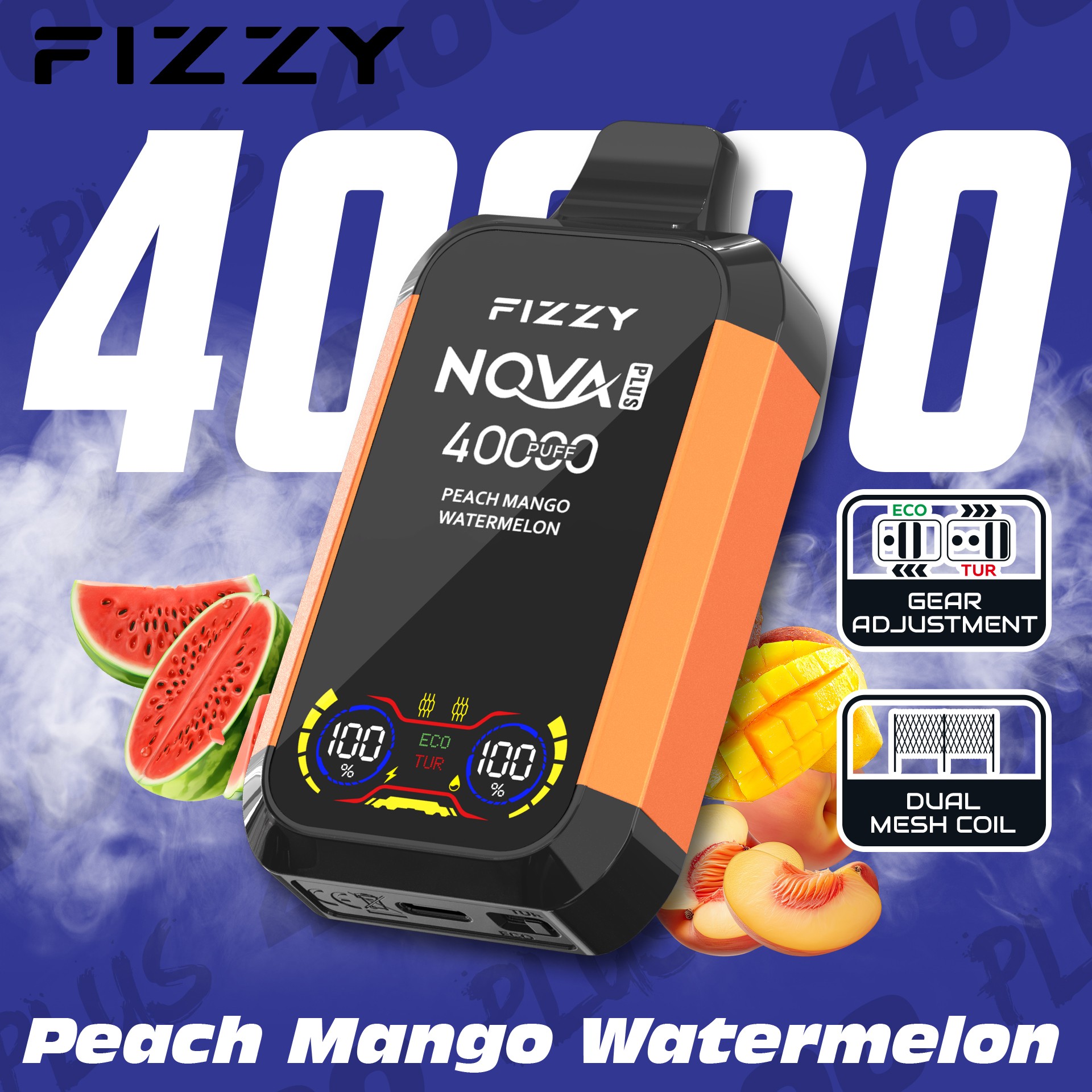 Fizzy Nova Plus 40000 パフ VAPE は、2% または 5% ニコチン、40 mL のリキッド、デュアル メッシュ コイル、エコ/ターボ モード、LCD スクリーン、Type-C 充電で最大 40,000 パフを実現し、パワフルで長時間持続する風味豊かな VAPE に最適です。.