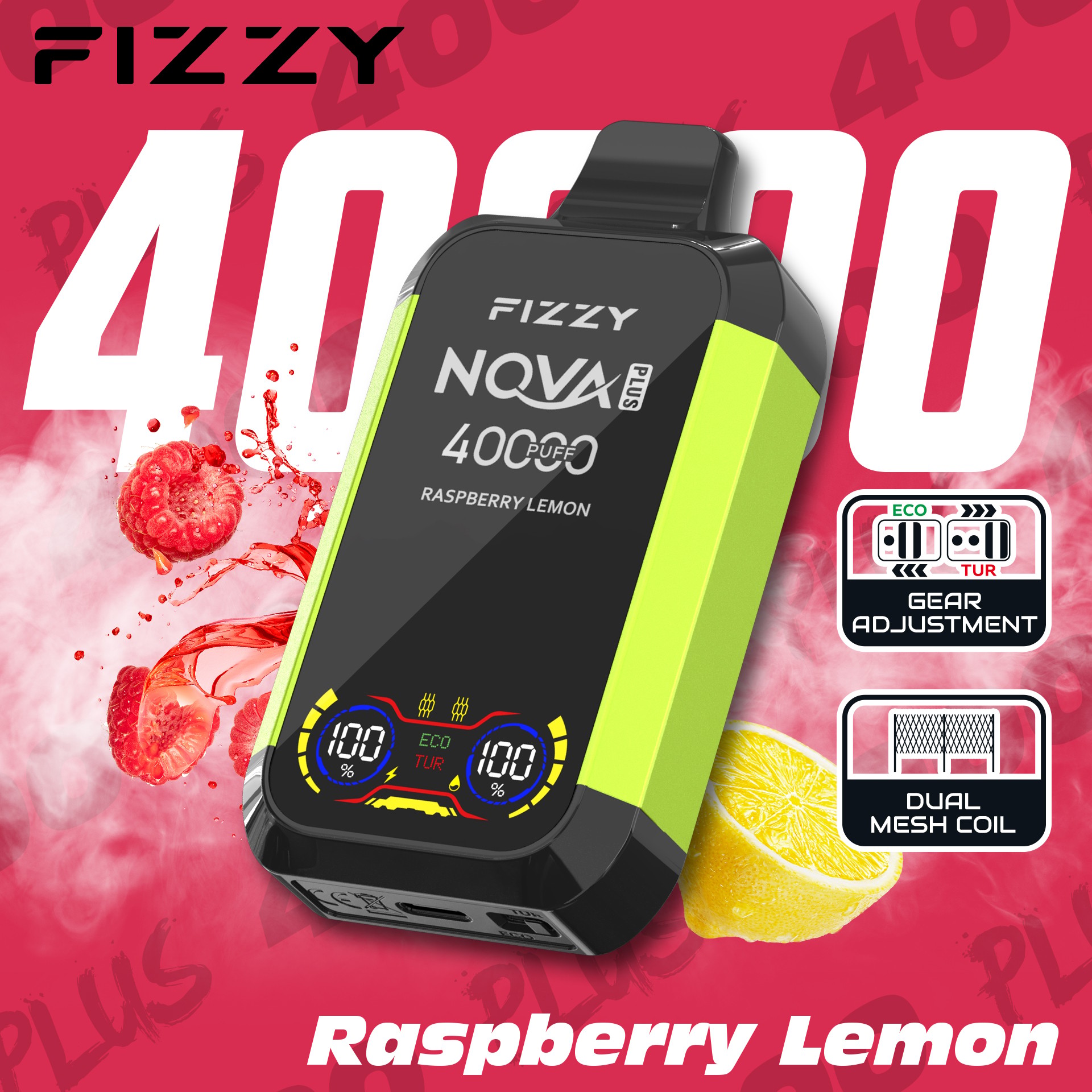 Fizzy Nova Plus 40000 パフ VAPE は、2% または 5% ニコチン、40 mL のリキッド、デュアル メッシュ コイル、エコ/ターボ モード、LCD スクリーン、Type-C 充電で最大 40,000 パフを実現し、パワフルで長時間持続する風味豊かな VAPE に最適です。.
