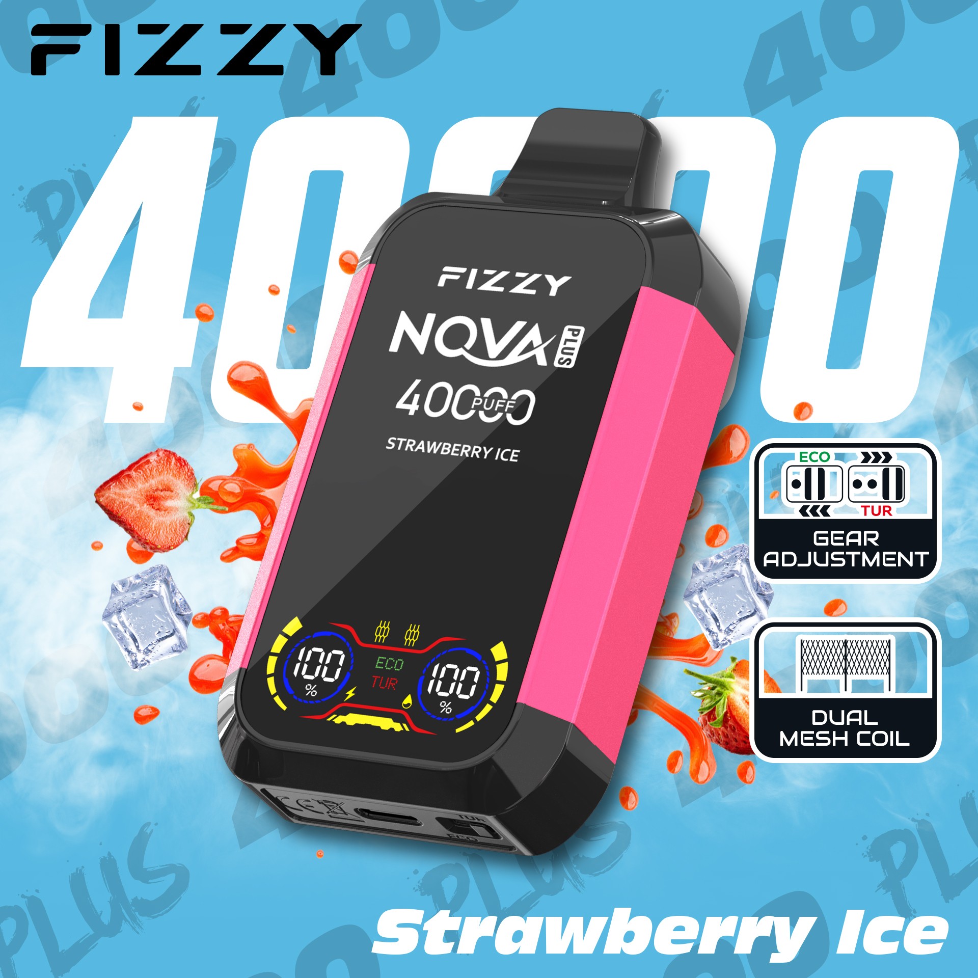 Fizzy Nova Plus 40000 パフ VAPE は、2% または 5% ニコチン、40 mL のリキッド、デュアル メッシュ コイル、エコ/ターボ モード、LCD スクリーン、Type-C 充電で最大 40,000 パフを実現し、パワフルで長時間持続する風味豊かな VAPE に最適です。.