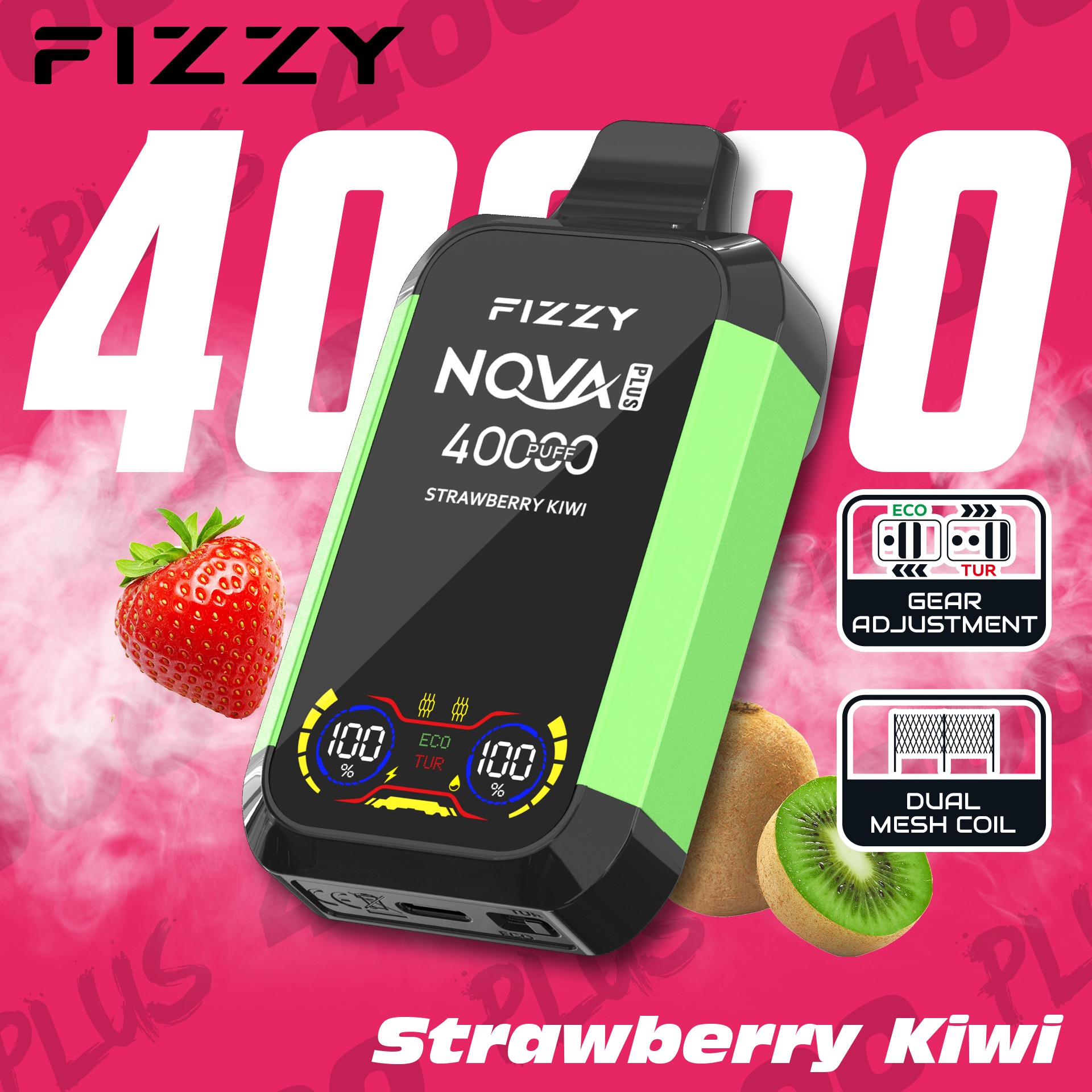 Fizzy Nova Plus 40000 パフ VAPE は、2% または 5% ニコチン、40 mL のリキッド、デュアル メッシュ コイル、エコ/ターボ モード、LCD スクリーン、Type-C 充電で最大 40,000 パフを実現し、パワフルで長時間持続する風味豊かな VAPE に最適です。.