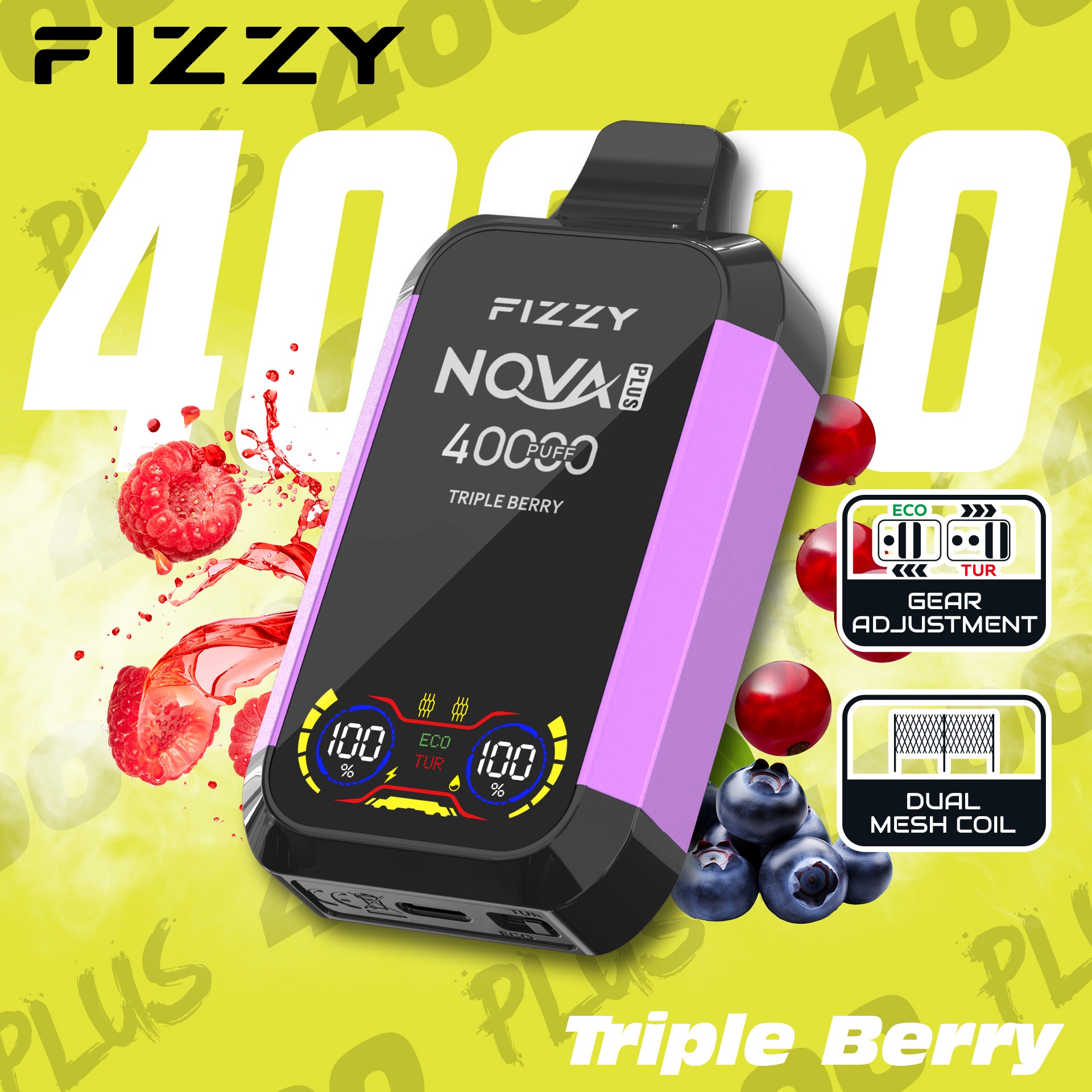 Fizzy Nova Plus 40000 パフ VAPE は、2% または 5% ニコチン、40 mL のリキッド、デュアル メッシュ コイル、エコ/ターボ モード、LCD スクリーン、Type-C 充電で最大 40,000 パフを実現し、パワフルで長時間持続する風味豊かな VAPE に最適です。.
