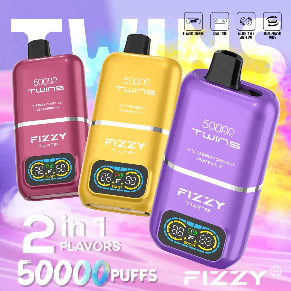 Le vapoteur Fizzy Twins 50 000 bouffées offre deux saveurs, une capacité de 50 ml et jusqu'à 50 000 bouffées. Avec un taux de nicotine de 2%/5%, des résistances à double maille et un chargeur Type-C, il offre des sessions de vapotage longues, savoureuses et puissantes.