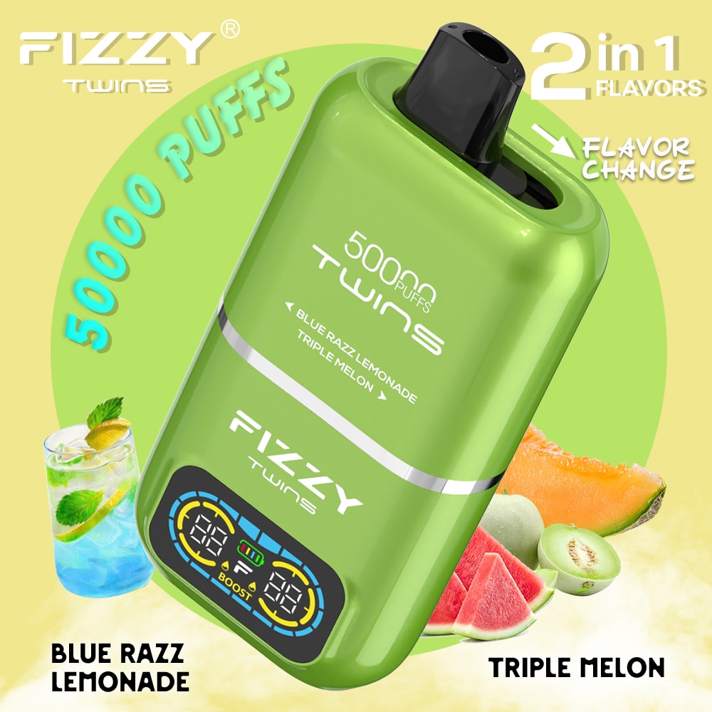 Le vapoteur Fizzy Twins 50 000 bouffées offre deux saveurs, une capacité de 50 ml et jusqu'à 50 000 bouffées. Avec un taux de nicotine de 2%/5%, des résistances à double maille et un chargeur Type-C, il offre des sessions de vapotage longues, savoureuses et puissantes.