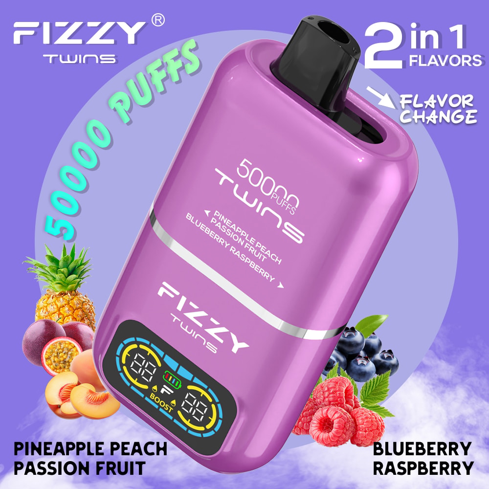 Le vapoteur Fizzy Twins 50 000 bouffées offre deux saveurs, une capacité de 50 ml et jusqu'à 50 000 bouffées. Avec un taux de nicotine de 2%/5%, des résistances à double maille et un chargeur Type-C, il offre des sessions de vapotage longues, savoureuses et puissantes.