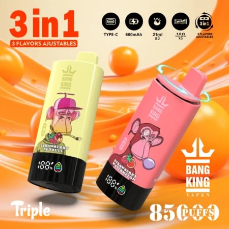 Bang King Triple 85K Puffs Vape har 3 justerbara smaker, en kapacitet på 63 ml och en trippel mesh-coil. Med 4 nikotinnivåer, LED-display och Type-C-laddning erbjuder den långvarig, smakrik och anpassningsbar vaping.