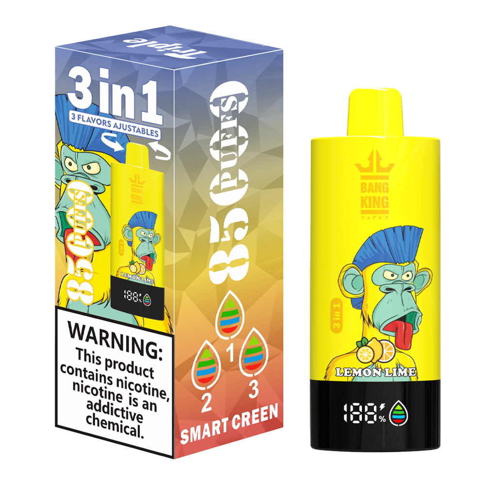 Bang King Triple 85K Puffs Vapeは、3つの調整可能なフレーバー、63mlの容量、トリプルメッシュコイルを備えています。