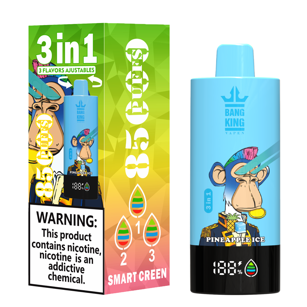 Bang King Triple 85K Puffs Vapeは、3つの調整可能なフレーバー、63mlの容量、トリプルメッシュコイルを備えています。