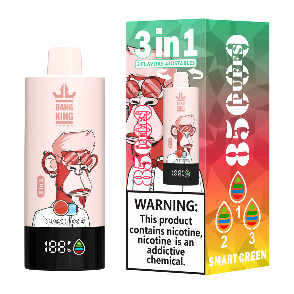 Bang King Triple 85K Puffs Vapeは、3つの調整可能なフレーバー、63mlの容量、トリプルメッシュコイルを備えています。