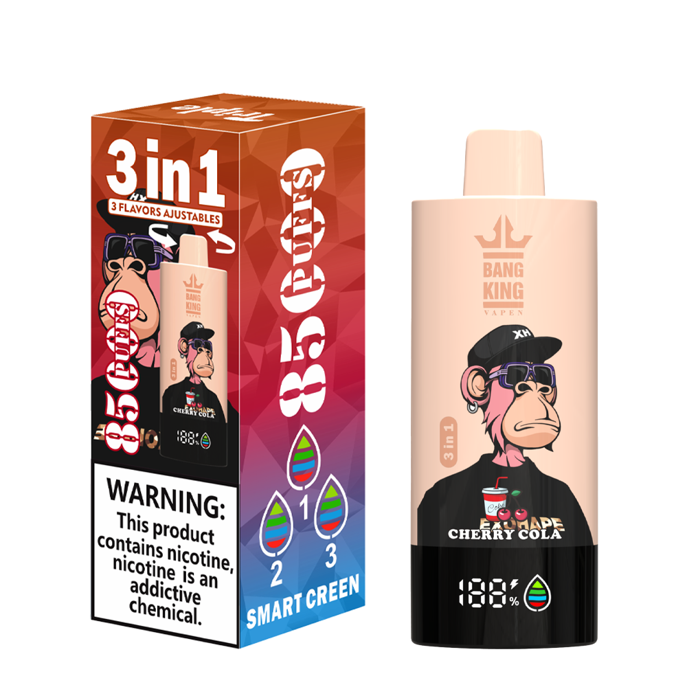 Bang King Triple 85K Puffs Vapeは、3つの調整可能なフレーバー、63mlの容量、トリプルメッシュコイルを備えています。