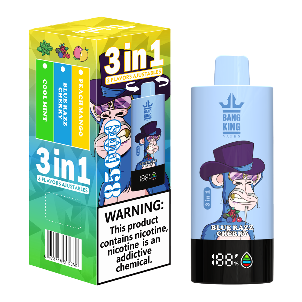Bang King Triple 85K Puffs Vapeは、3つの調整可能なフレーバー、63mlの容量、トリプルメッシュコイルを備えています。