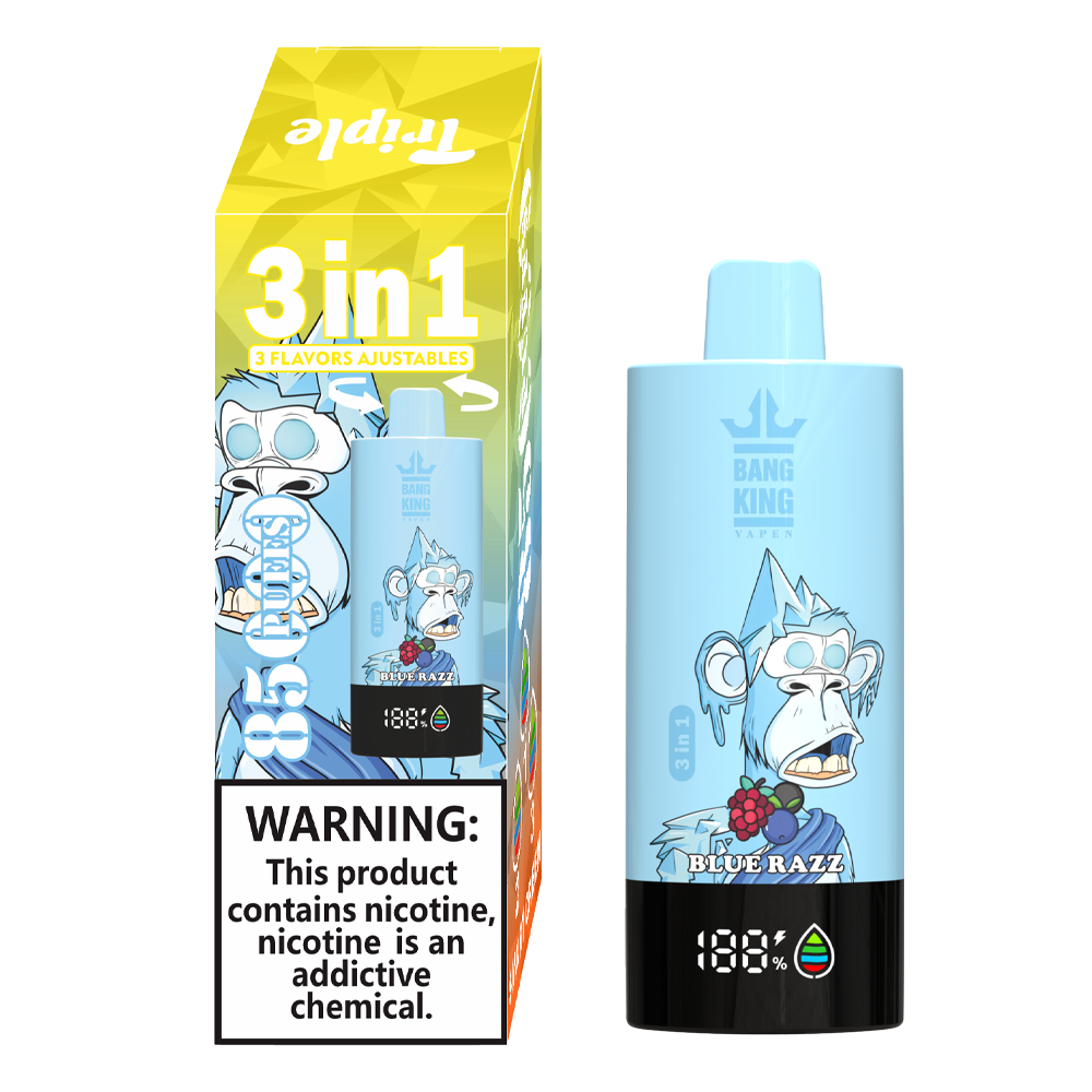 Bang King Triple 85K Puffs Vapeは、3つの調整可能なフレーバー、63mlの容量、トリプルメッシュコイルを備えています。