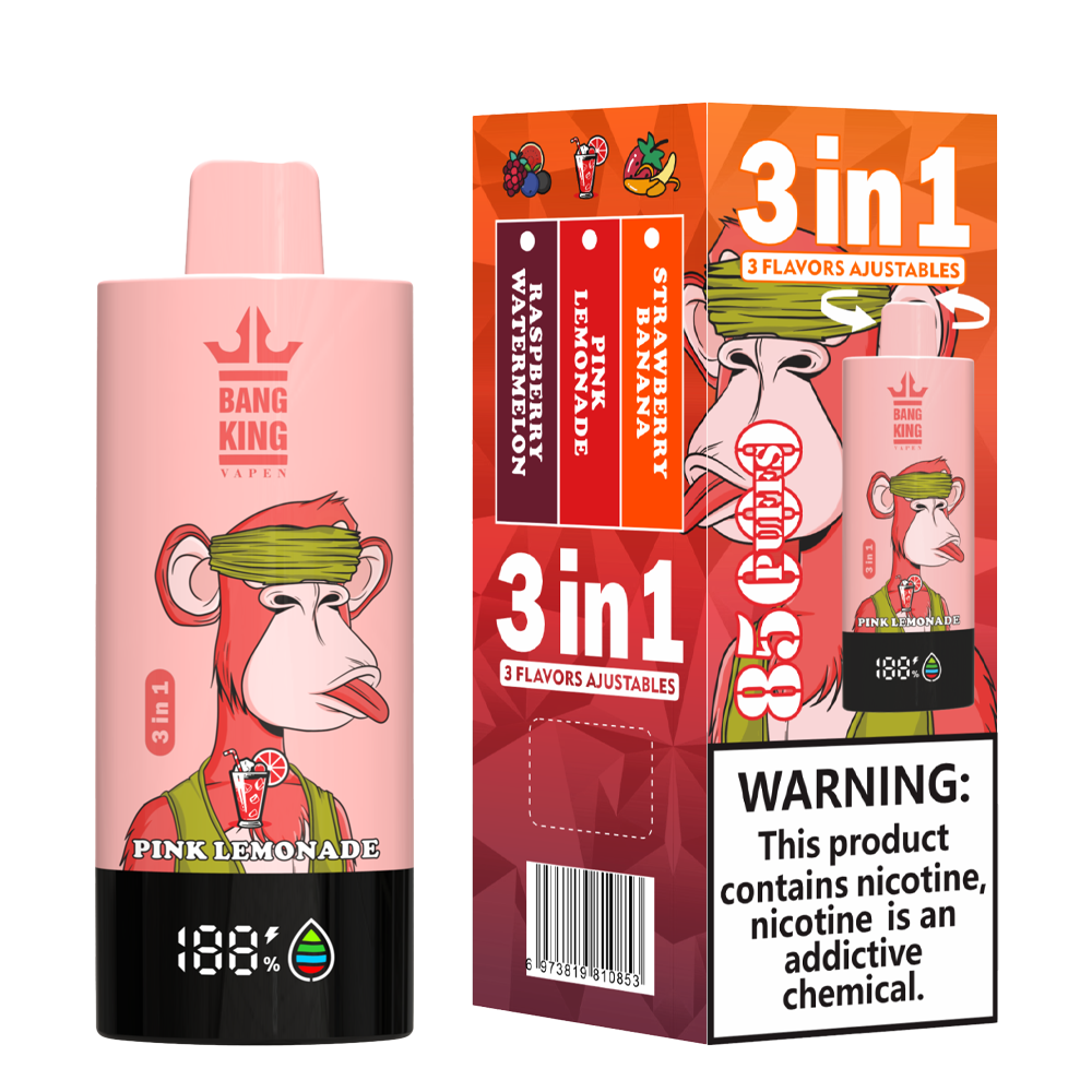 Bang King Triple 85K Puffs Vapeは、3つの調整可能なフレーバー、63mlの容量、トリプルメッシュコイルを備えています。
