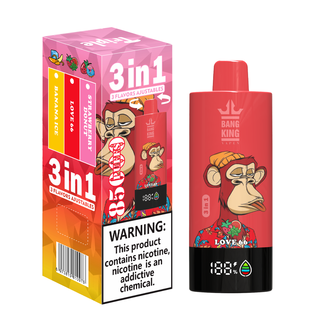 Bang King Triple 85K Puffs Vapeは、3つの調整可能なフレーバー、63mlの容量、トリプルメッシュコイルを備えています。