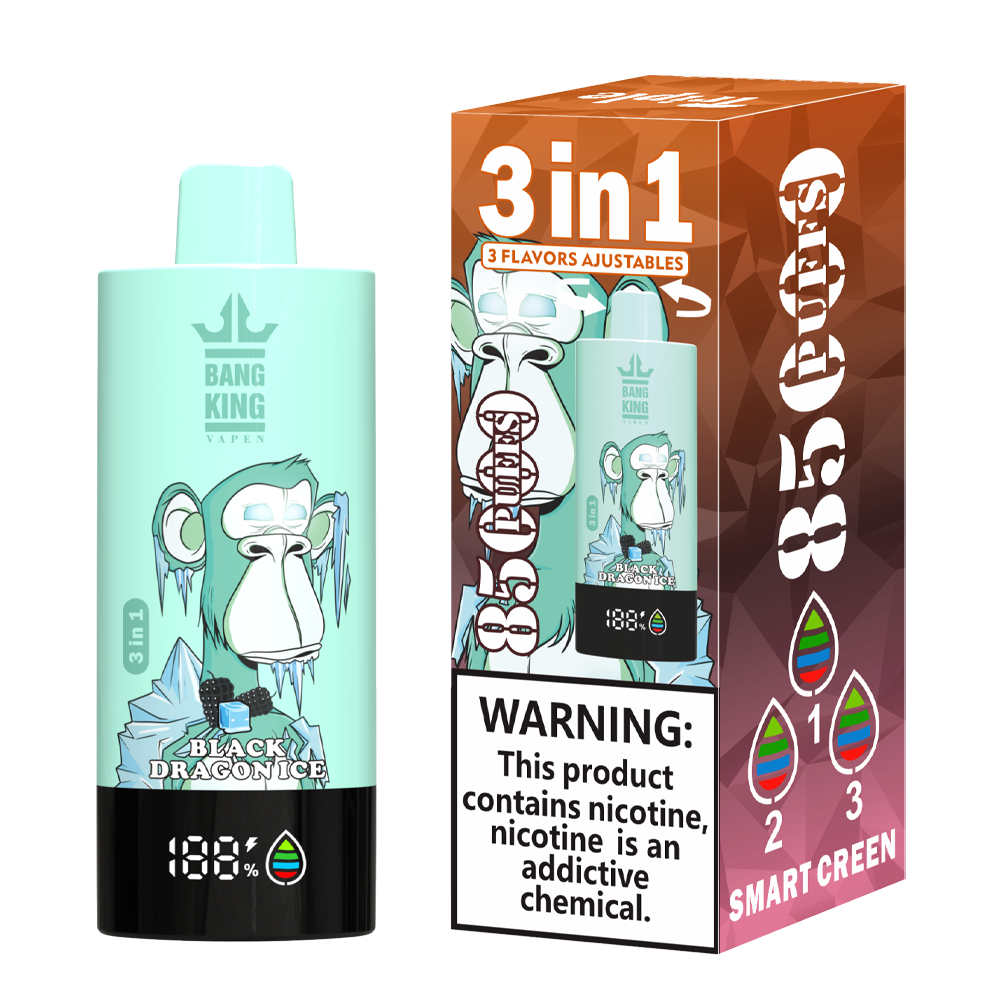 Bang King Triple 85K Puffs Vapeは、3つの調整可能なフレーバー、63mlの容量、トリプルメッシュコイルを備えています。