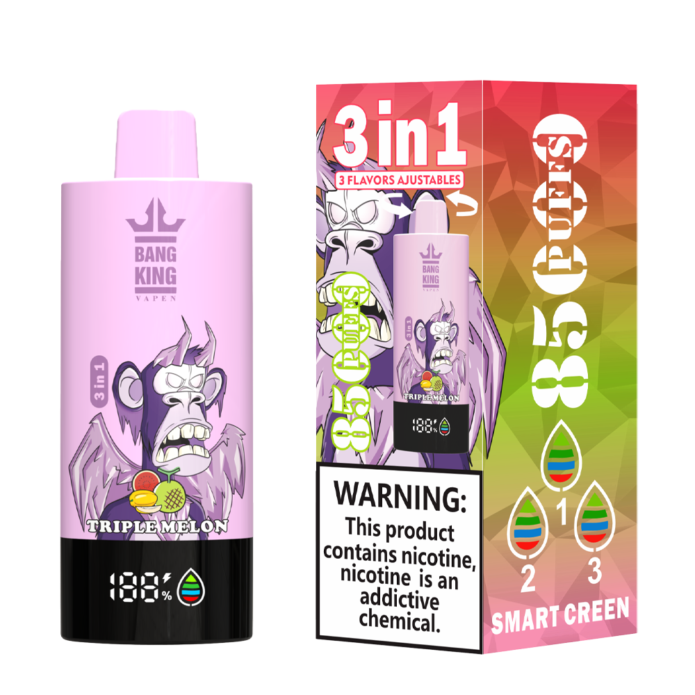 Bang King Triple 85K Puffs Vapeは、3つの調整可能なフレーバー、63mlの容量、トリプルメッシュコイルを備えています。