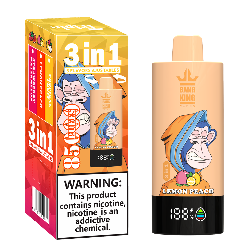 Bang King Triple 85K Puffs Vapeは、3つの調整可能なフレーバー、63mlの容量、トリプルメッシュコイルを備えています。