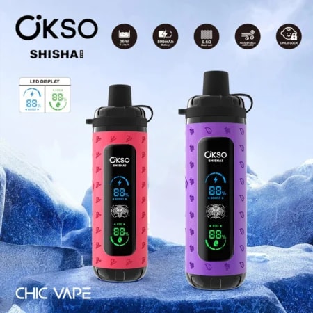 The OKSO Shisha Max 40K Puffs Disposable Vape delivers 40,000 puffs, 36mL e-liquid, mesh coil, LED display, Type-C charging, adjustable airflow, power control, and 10 flavors in a child-safe design.