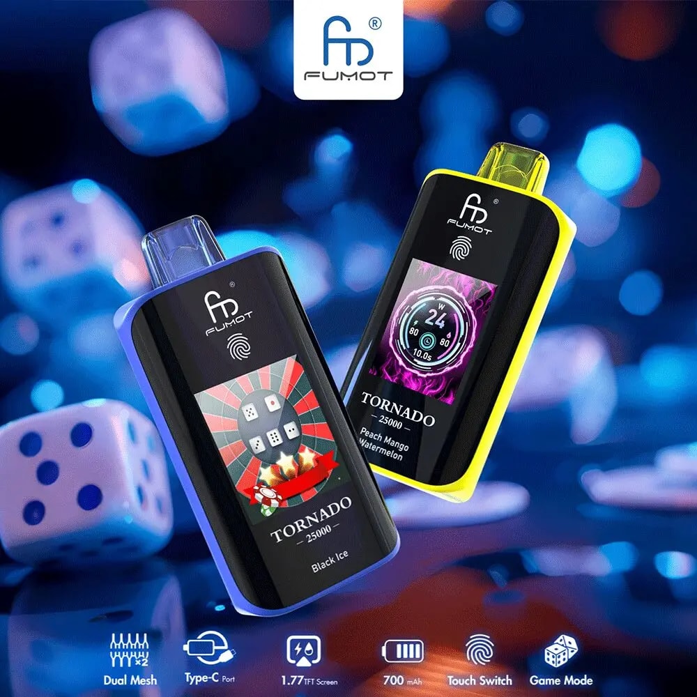 El RandM Fumot Tornado 25K ofrece 25.000 bocanadas, bobina de malla dual, batería de 700 mAh, pantalla táctil y carga rápida tipo C, con 26 sabores y potencia ajustable, brindando un vapeo suave, duradero y personalizable.