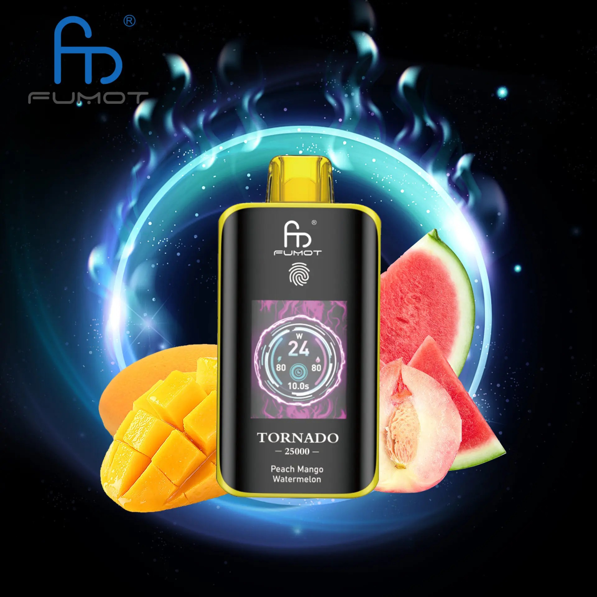 El RandM Fumot Tornado 25K ofrece 25.000 bocanadas, bobina de malla dual, batería de 700 mAh, pantalla táctil y carga rápida tipo C, con 26 sabores y potencia ajustable, brindando un vapeo suave, duradero y personalizable.