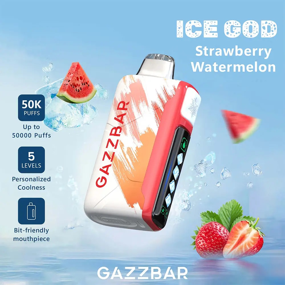 Der Gazzbar Ice God 50000 Puffs Vape liefert bis zu 50.000 Züge mit 5% Nikotin, Triple Mesh Coil, einstellbarer Eismenge, Luftstrom und Leistung. Mit LED-Display, Typ-C-Ladefunktion und 20 einzigartigen Geschmacksrichtungen.