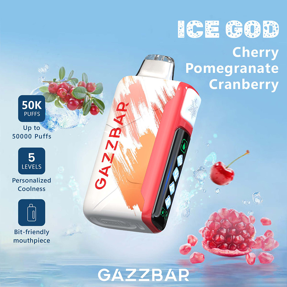 Der Gazzbar Ice God 50000 Puffs Vape liefert bis zu 50.000 Züge mit 5% Nikotin, Triple Mesh Coil, einstellbarer Eismenge, Luftstrom und Leistung. Mit LED-Display, Typ-C-Ladefunktion und 20 einzigartigen Geschmacksrichtungen.