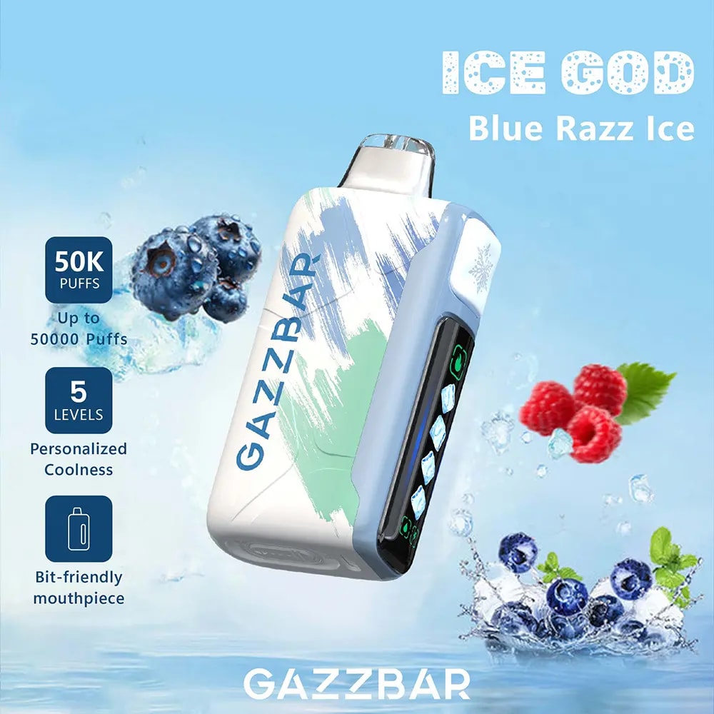 Der Gazzbar Ice God 50000 Puffs Vape liefert bis zu 50.000 Züge mit 5% Nikotin, Triple Mesh Coil, einstellbarer Eismenge, Luftstrom und Leistung. Mit LED-Display, Typ-C-Ladefunktion und 20 einzigartigen Geschmacksrichtungen.