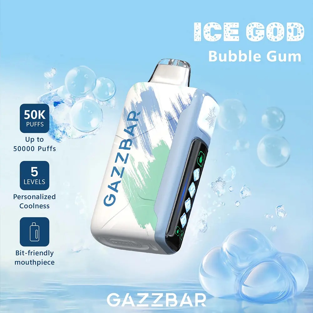 Der Gazzbar Ice God 50000 Puffs Vape liefert bis zu 50.000 Züge mit 5% Nikotin, Triple Mesh Coil, einstellbarer Eismenge, Luftstrom und Leistung. Mit LED-Display, Typ-C-Ladefunktion und 20 einzigartigen Geschmacksrichtungen.