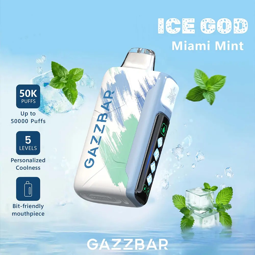 Der Gazzbar Ice God 50000 Puffs Vape liefert bis zu 50.000 Züge mit 5% Nikotin, Triple Mesh Coil, einstellbarer Eismenge, Luftstrom und Leistung. Mit LED-Display, Typ-C-Ladefunktion und 20 einzigartigen Geschmacksrichtungen.
