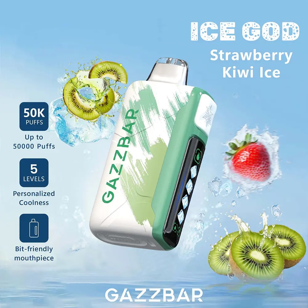 Der Gazzbar Ice God 50000 Puffs Vape liefert bis zu 50.000 Züge mit 5% Nikotin, Triple Mesh Coil, einstellbarer Eismenge, Luftstrom und Leistung. Mit LED-Display, Typ-C-Ladefunktion und 20 einzigartigen Geschmacksrichtungen.
